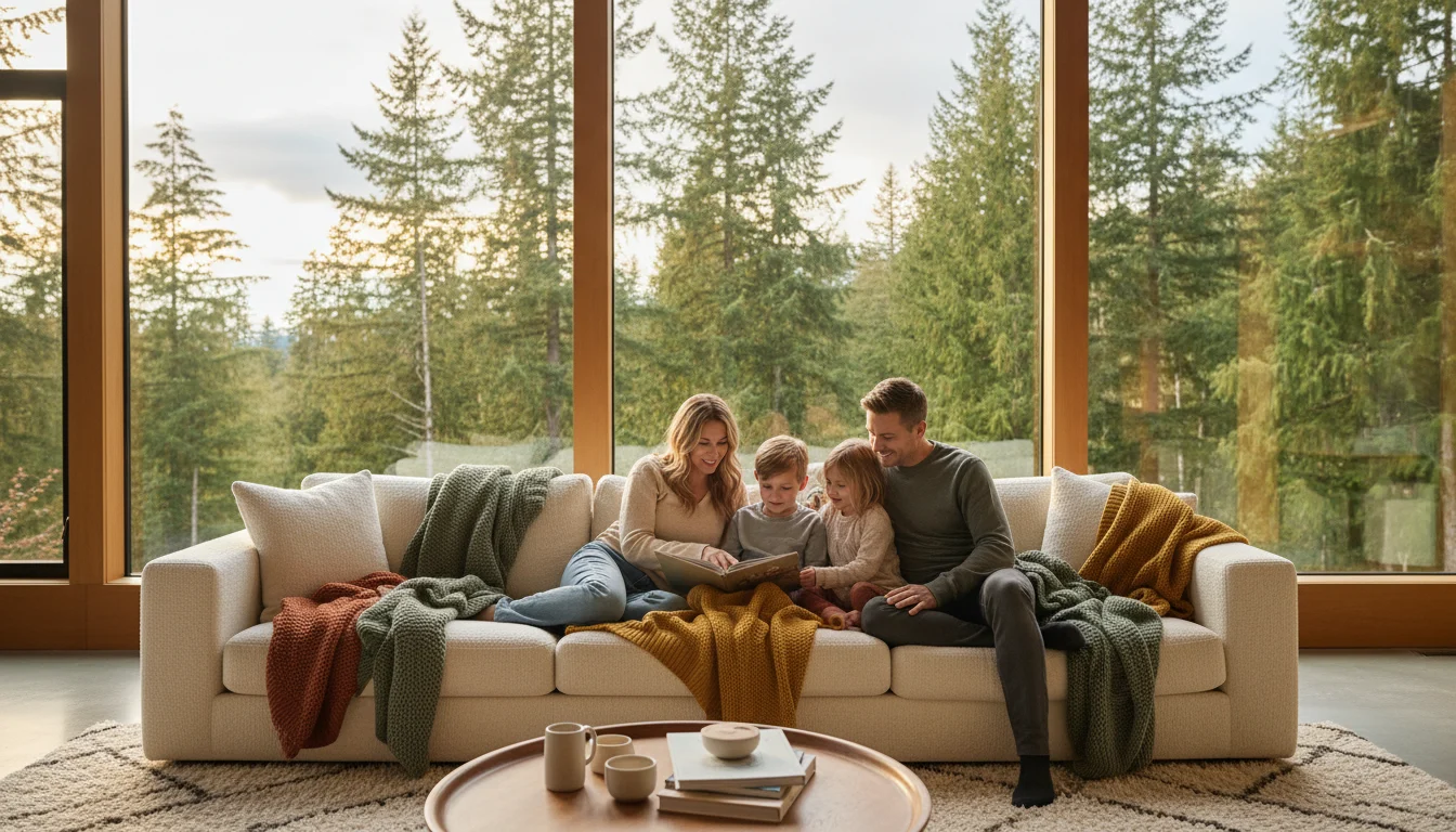 Family relaxing comfortably in a sunlit Pacific Northwest living room