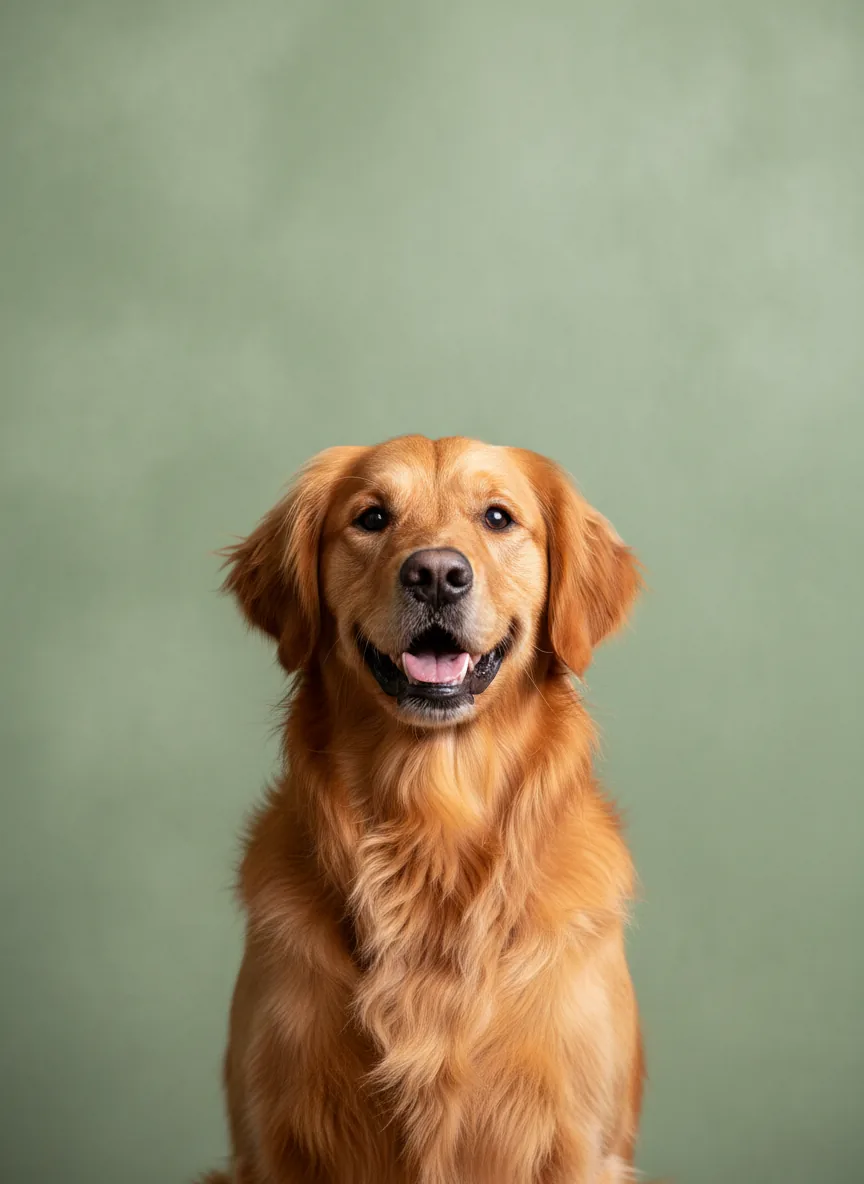 A beautifully groomed Golden Retriever with proud, happy expression in a professional studio setting