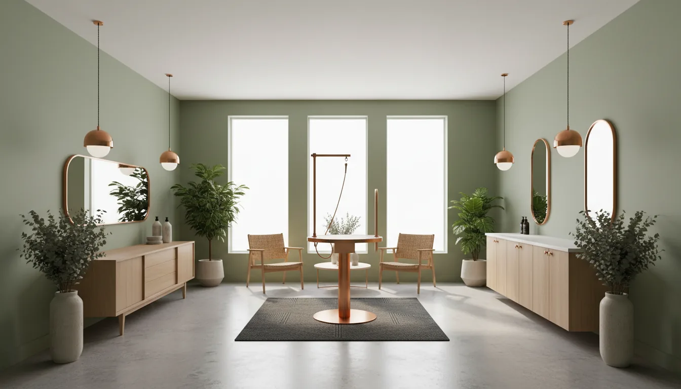 Our clean, minimalist grooming studio in Kent, WA with mid-century modern furniture and plants
