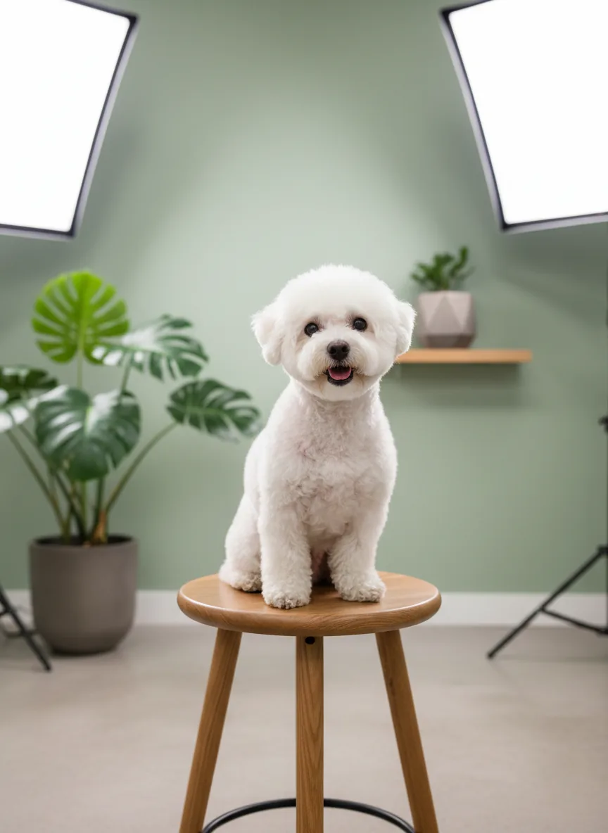 Freshly groomed Bichon Frise in studio