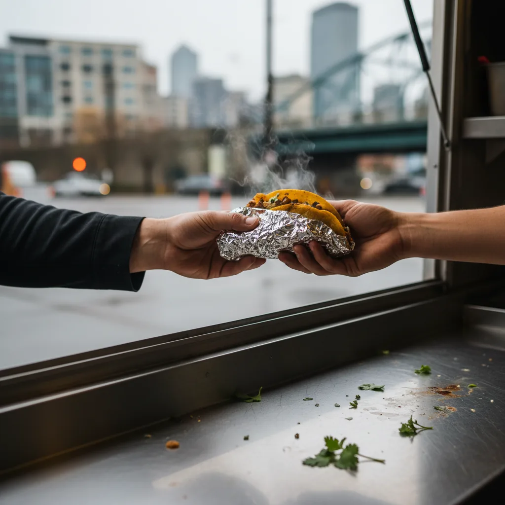 Taco being handed to customer