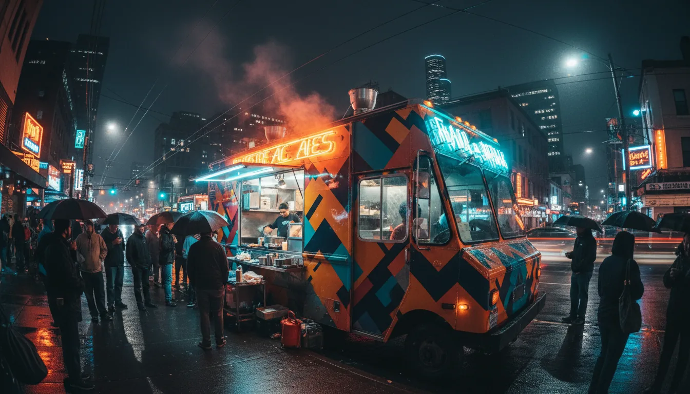 Kinetic Canteen food truck lit up at night on a Seattle street