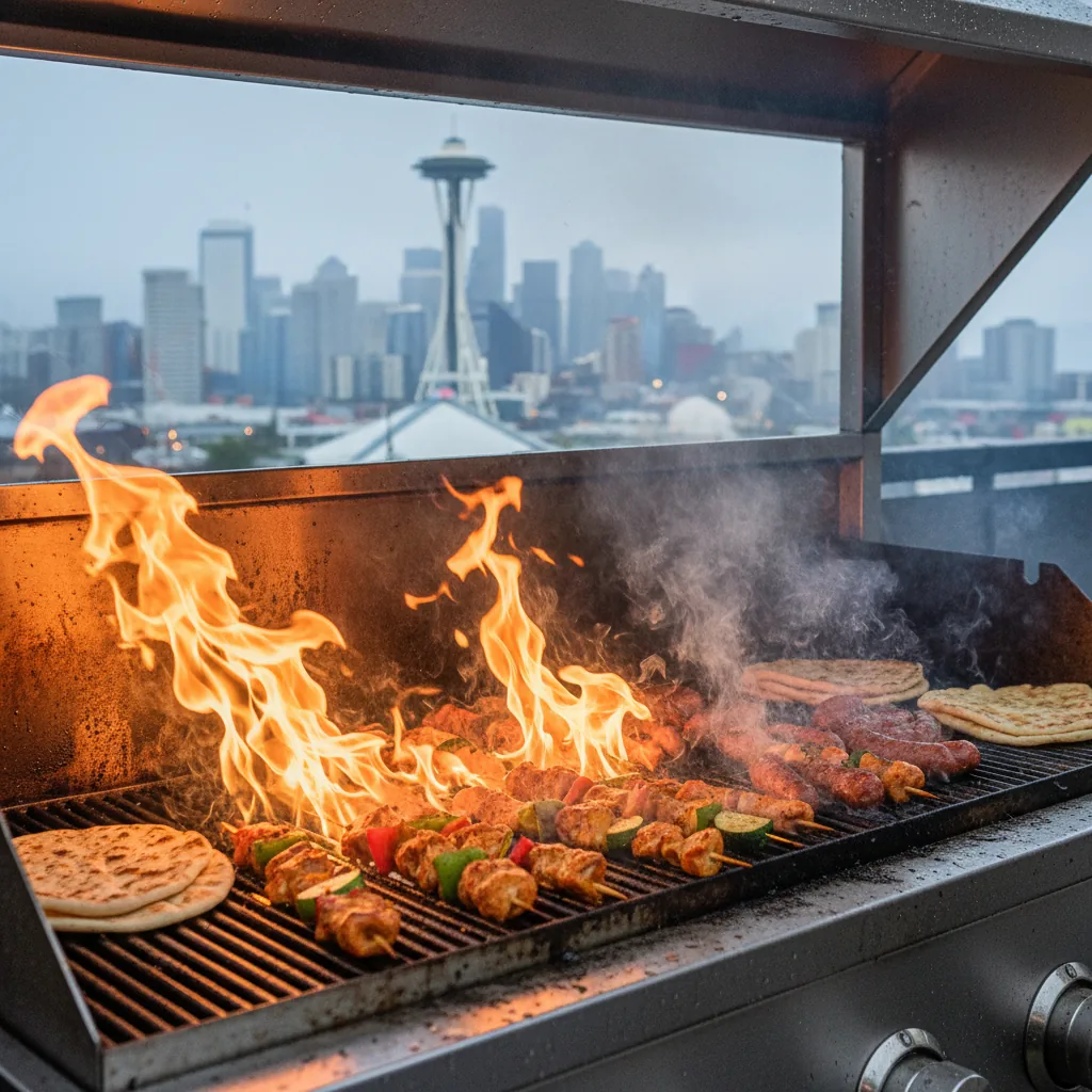 Grill action with flames