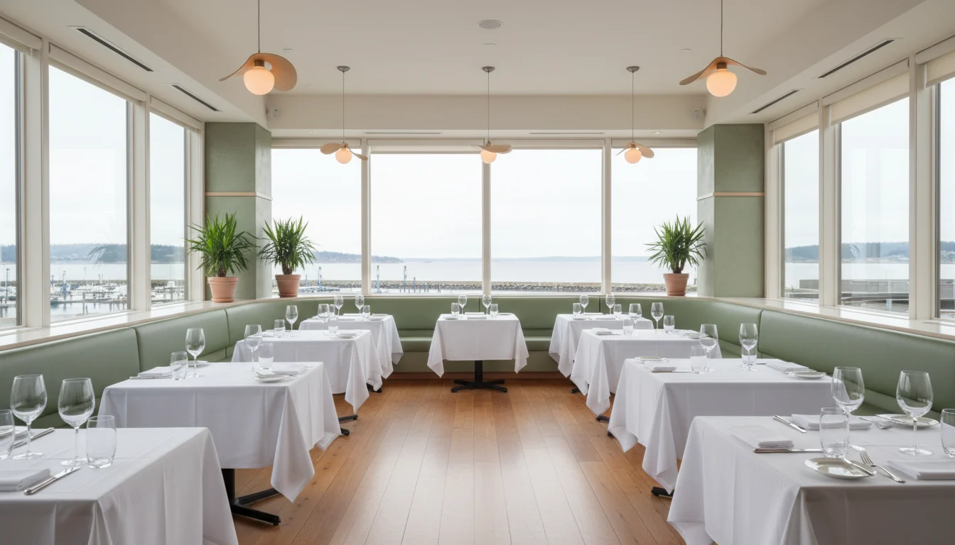 Restaurant interior with waterfront views