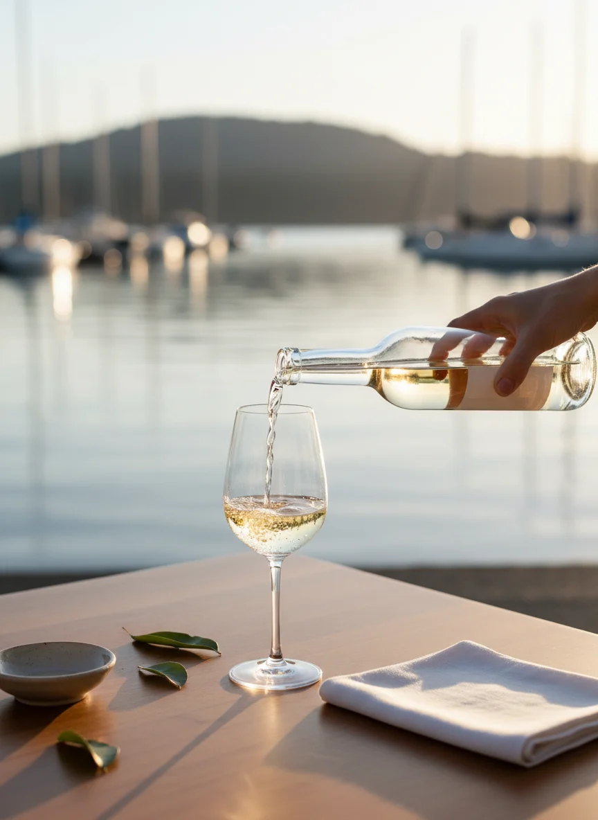 Hand pouring chilled white wine at a waterfront table